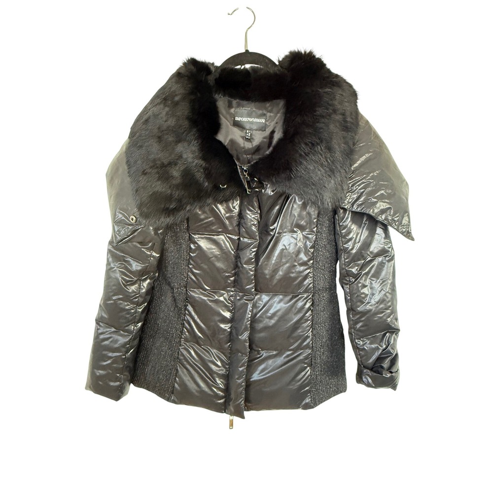 Emporio Armani Black Down Puffer Jacket Fur Collar Hooded Women Size 6 IT 40